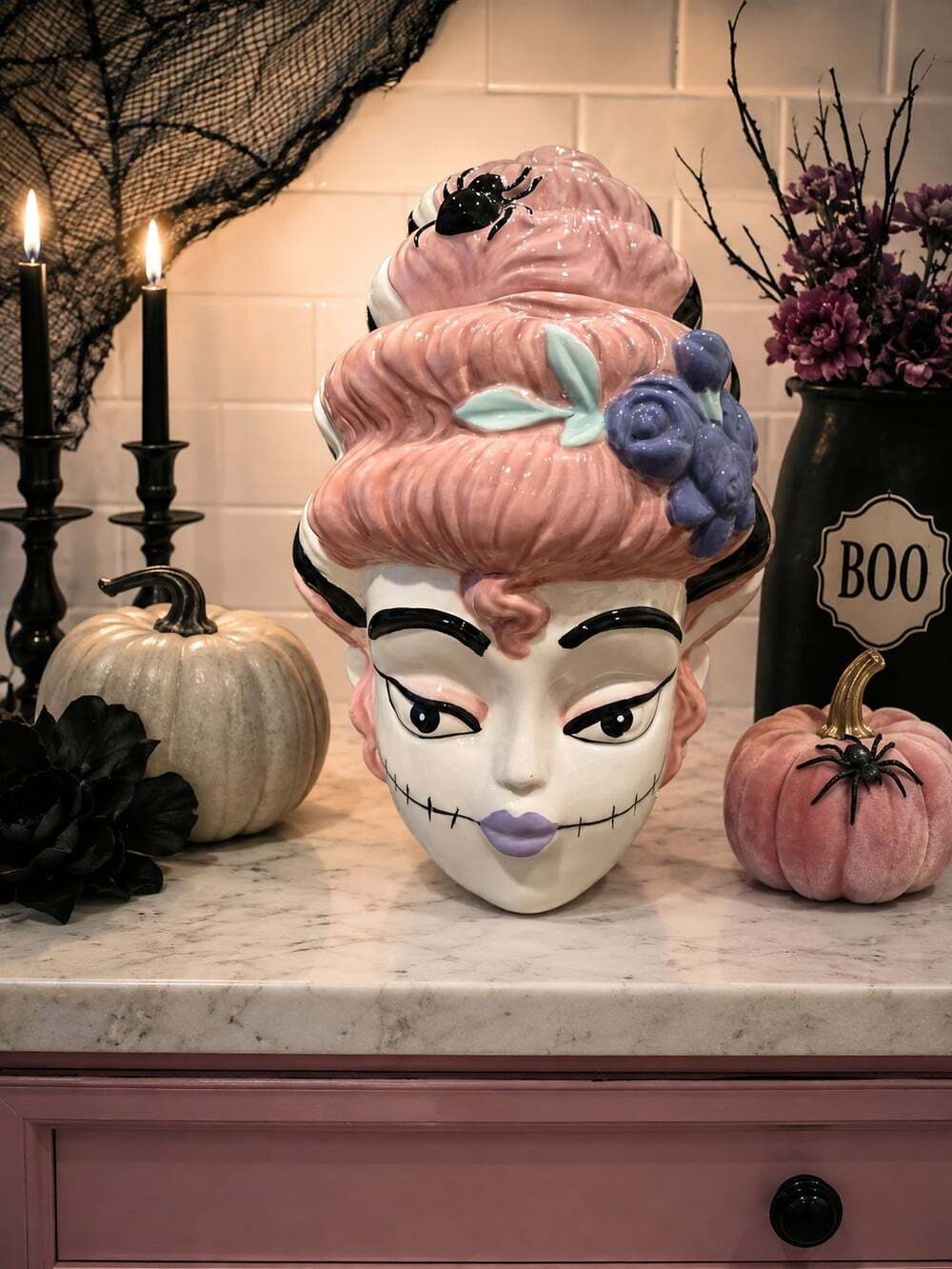 New Halloween Pink Pastel Mrs Frankenstein Gothic Holiday Cookie Jar Kitchen